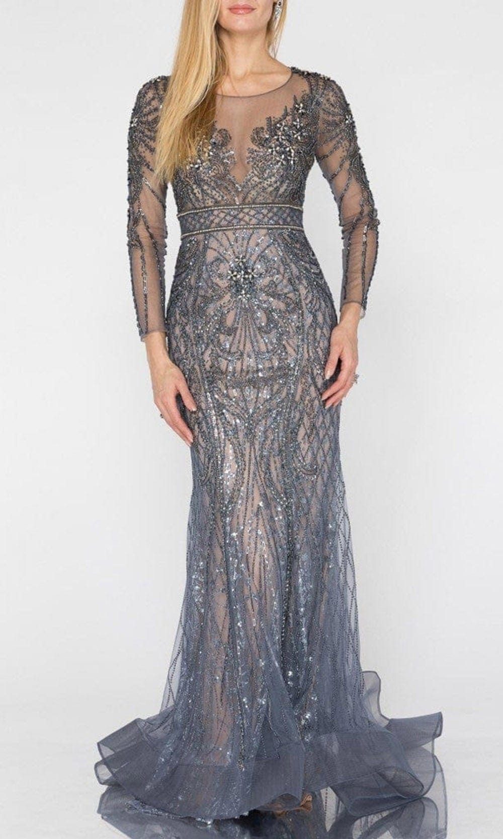 Terani Couture - 1922GL0670 Long Sleeve Beaded Sheath Gown Special Occasion Dress 00 / Charcoal