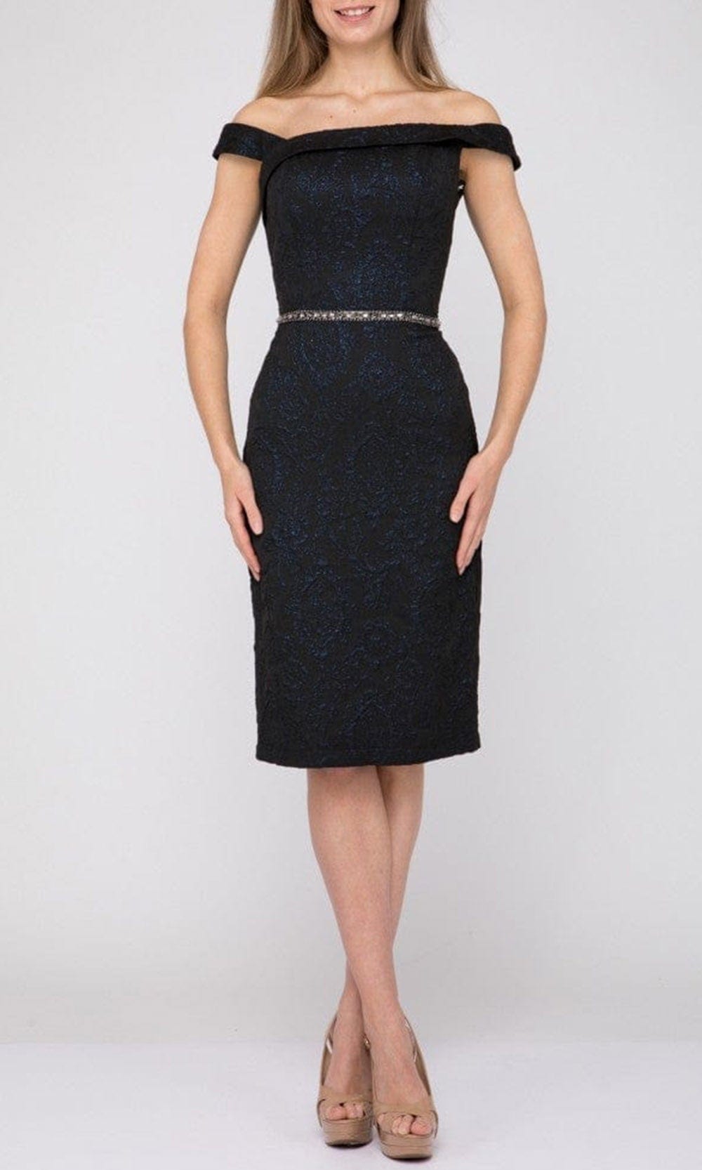 Terani Couture - 2011C2476 Folded Off Shoulder Sheath Dress Special Occasion Dress 00 / Black Navy