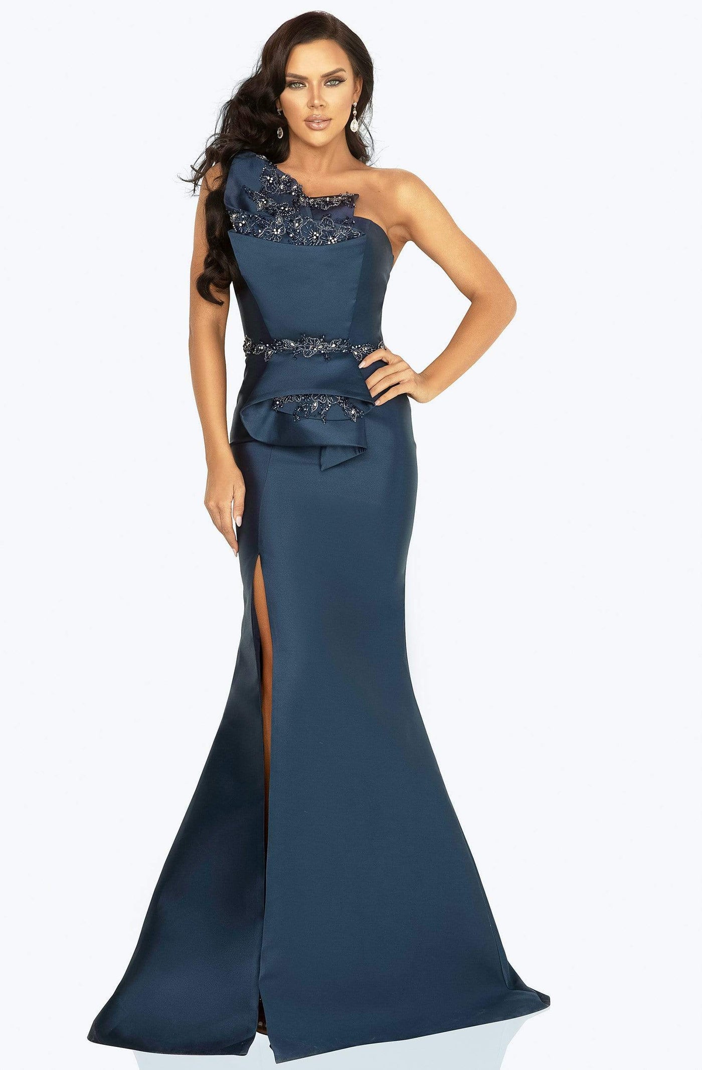 Terani Couture - 2011E2103 Asymmetrical Ruffle Mermaid Dress Evening Dresses 00 / Navy