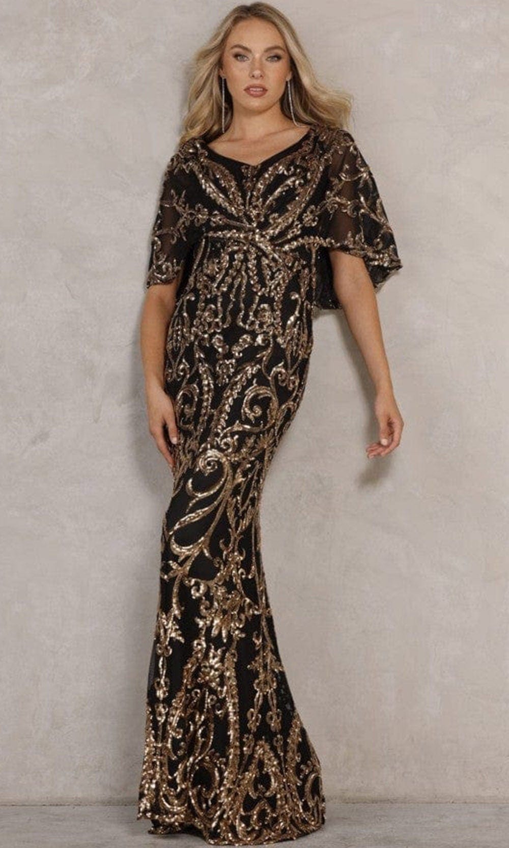 Terani Couture - 2011GL2186 Cape Sleeve Sheath Dress Special Occasion Dress 00 / Black Gold