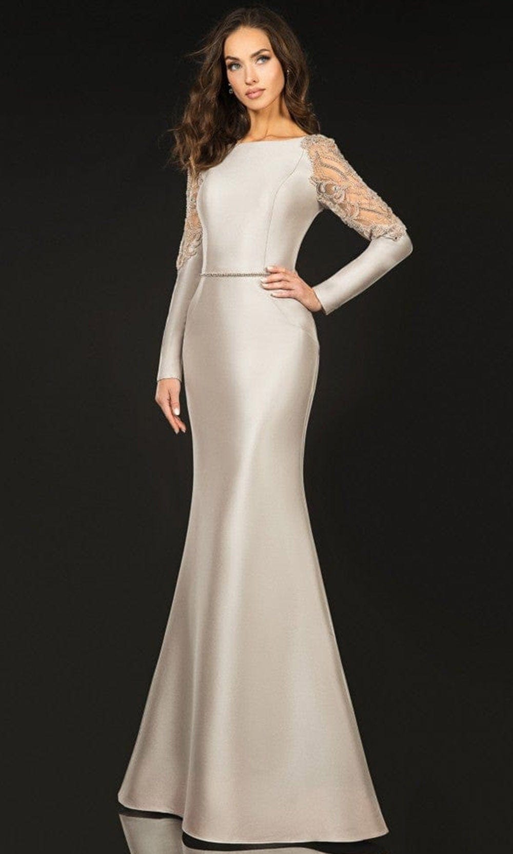 Terani Couture - 2011M2457 Bateau Sheer Embellished Gown Special Occasion Dress 00 / Taupe