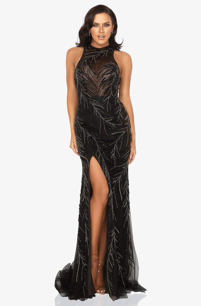 Terani Couture - 2011P1058 Sequined Illusion Gown with Slit Evening Dresses 00 / Black Gunmetal