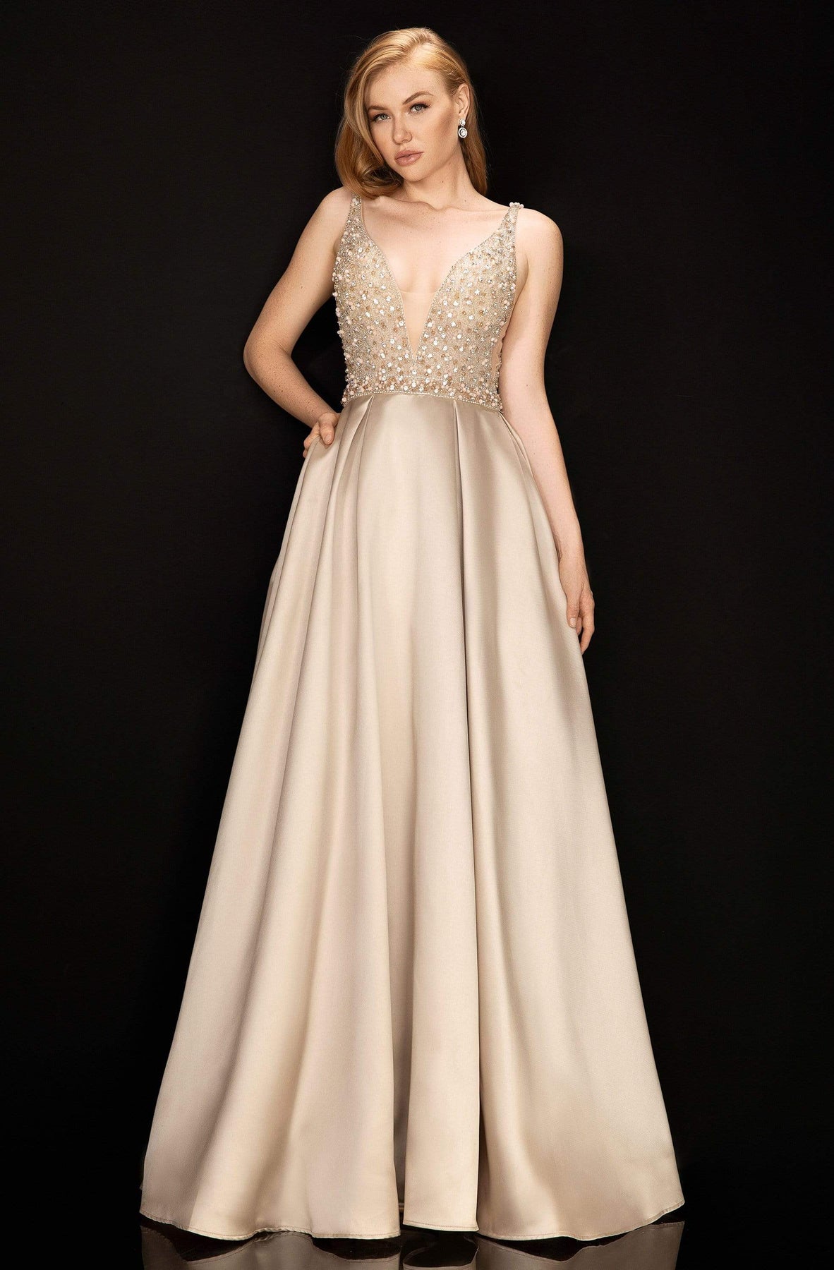 Terani Couture 2011P1094 - Long A-line Dress - Sleeveless, Plunging neckline, Sheer inset, Embellishments, Fitted bodice, A-line skirt, Low V-back, Pockets ADASA Terani Couture 2011P1094 - Long A-line Dress - Sleeveless, Plunging neckline, Sheer inset, Embellishments, Fitted bodice, A-line skirt, Low V-back, Pockets ADASA