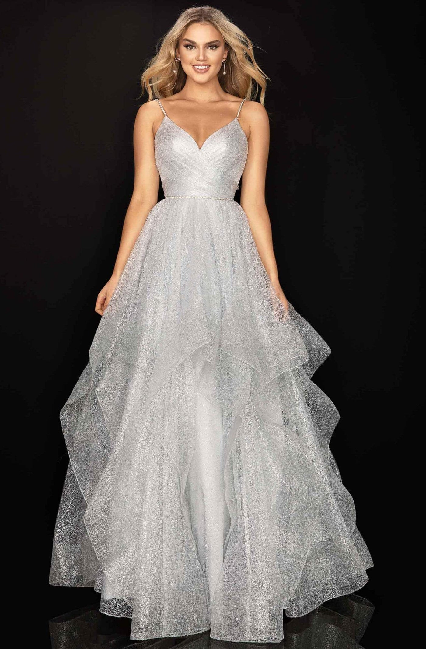 Terani Couture - 2011P1213 Crisscross Rendered Tiered A-Line Gown Prom Dresses 00 / Silver