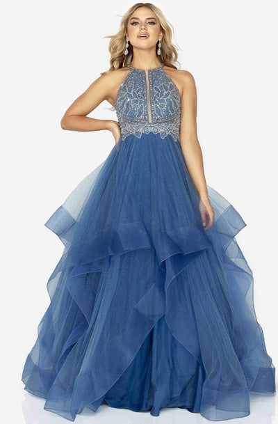 Terani Couture - 2011P1217 Ornate Illusion Paneled Halter A-Line Gown Prom Dresses 00 / Blue