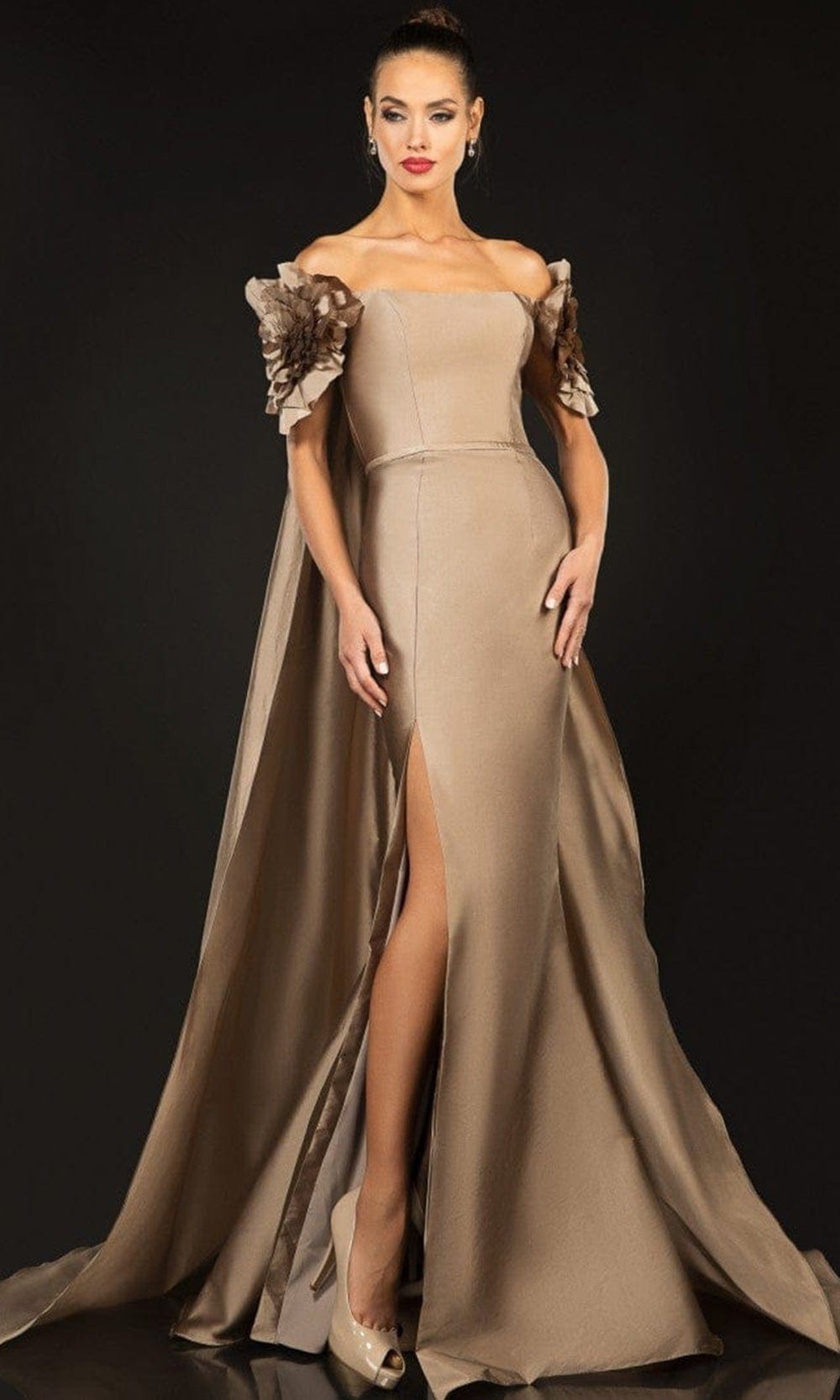 Terani Couture 2021E2792 - Off-shoulder Long Gown Evening Dresses 00 / Taupe