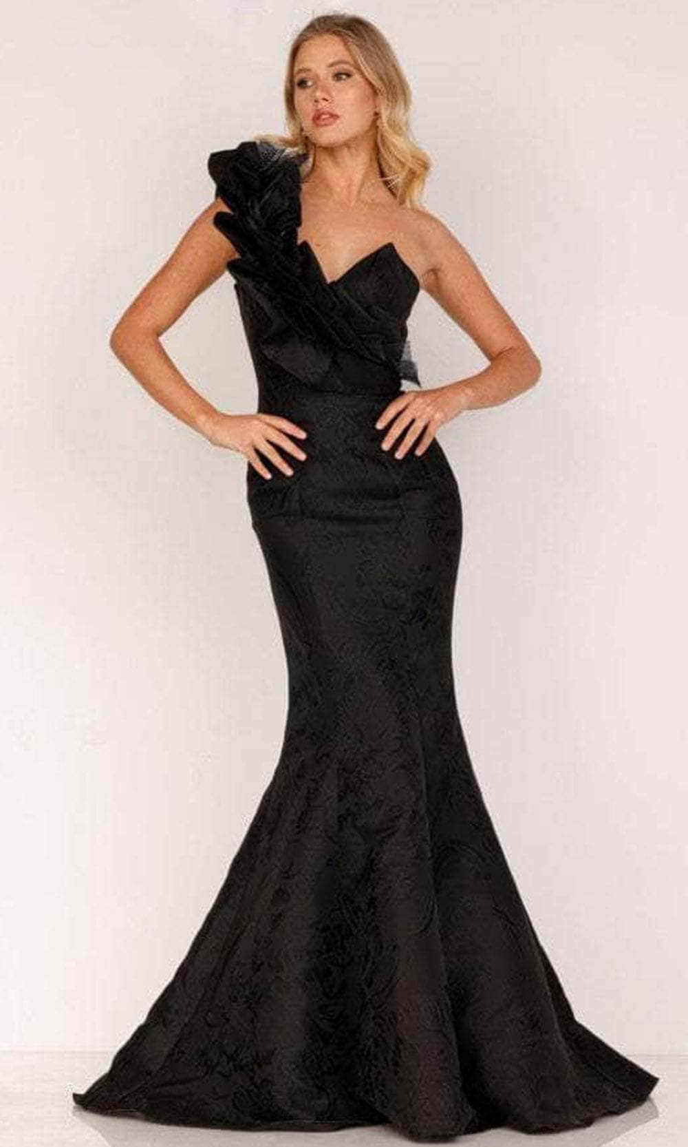 Terani Couture 2021E2795 - Ruffled One Shoulder Evening Gown Evening Dress 0 / Black