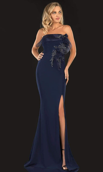 Terani Couture - 2021E2818 Strapless Ribbon Accent Slit Sheath Gown Evening Dresses 00 / Navy
