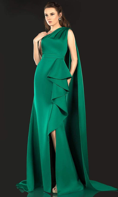 Terani Couture - 2021E2839 One Shoulder Ruffled High Slit Gown Evening Dresses 00 / Emerald