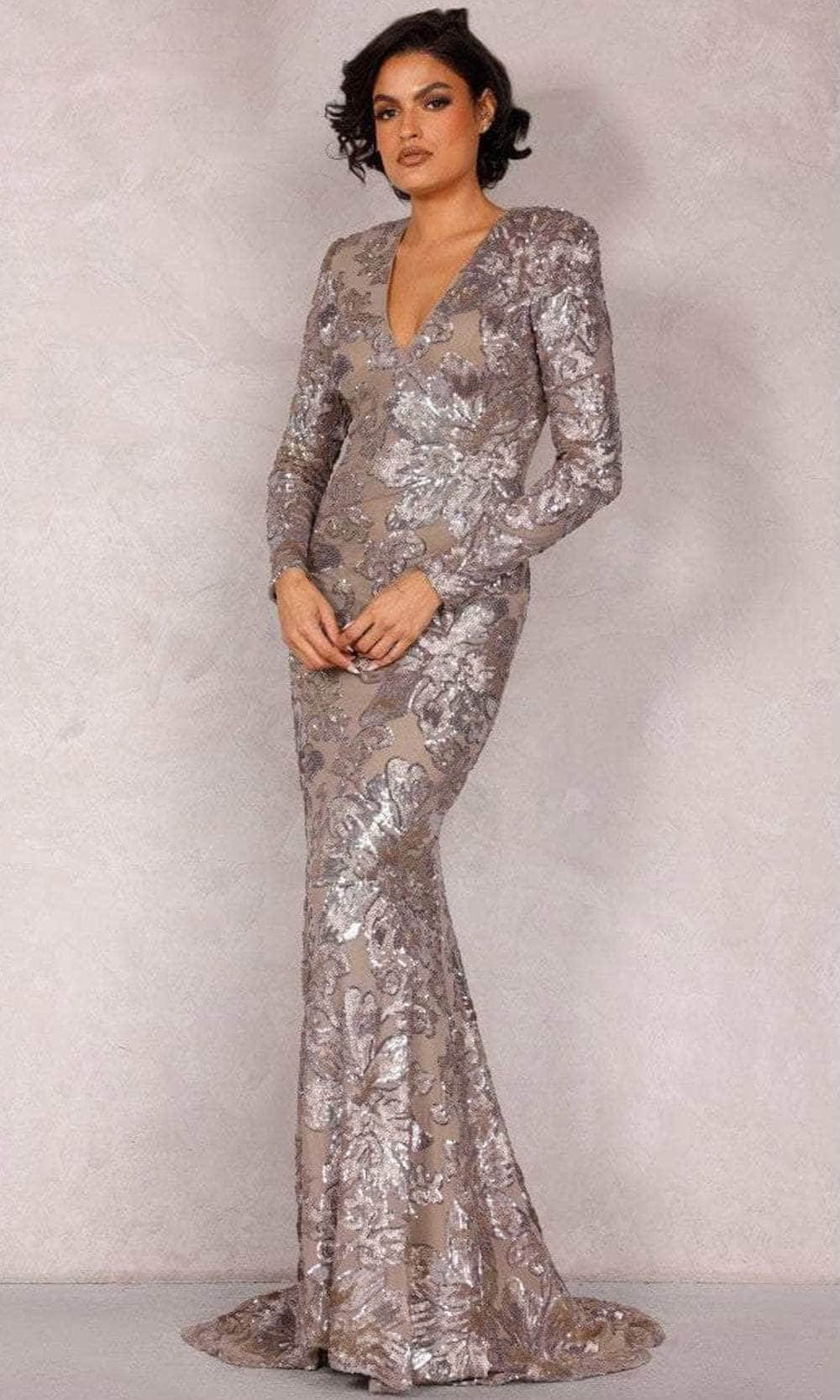 Terani Couture 2021E2840 - Floral Metallic Mermaid Evening Dress Special Occasion Dress 0 / Taupe Silver