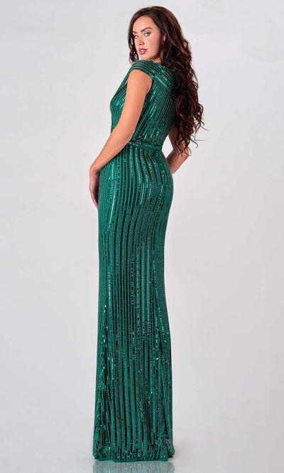 Terani Couture - 2021M2980 Sequined V Neck Long Sheath Dress Evening Dresses