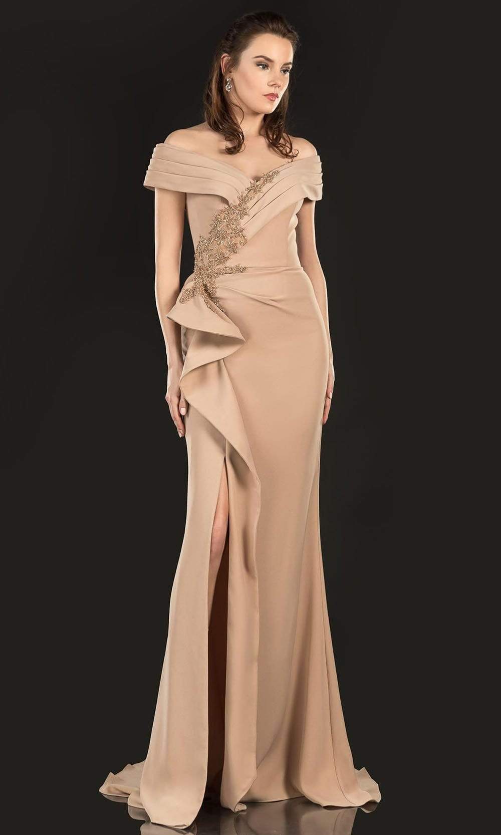 Terani Couture - 2021M2986 Wrap Off Shoulder High Slit Gown Mother of the Bride Dresses 00 / Mocha