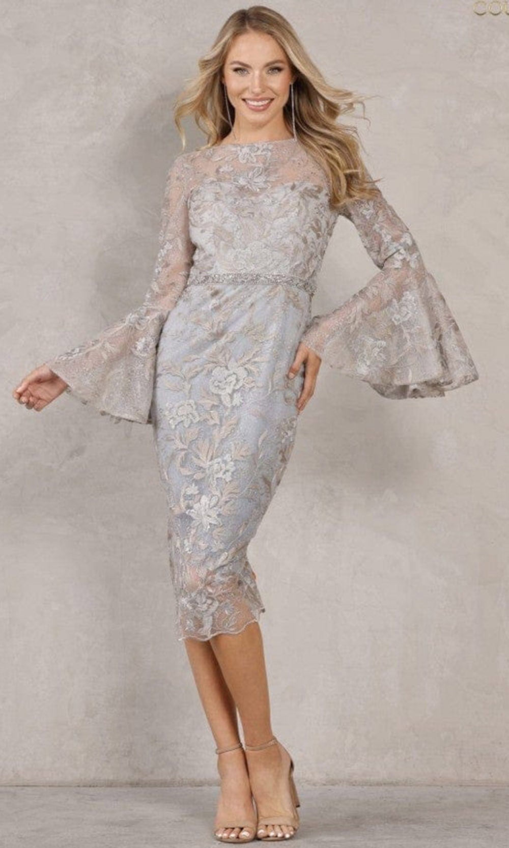 Terani Couture - 2027C2708 Long Bell Sleeve Sheath Dress Special Occasion Dress 00 / Silver
