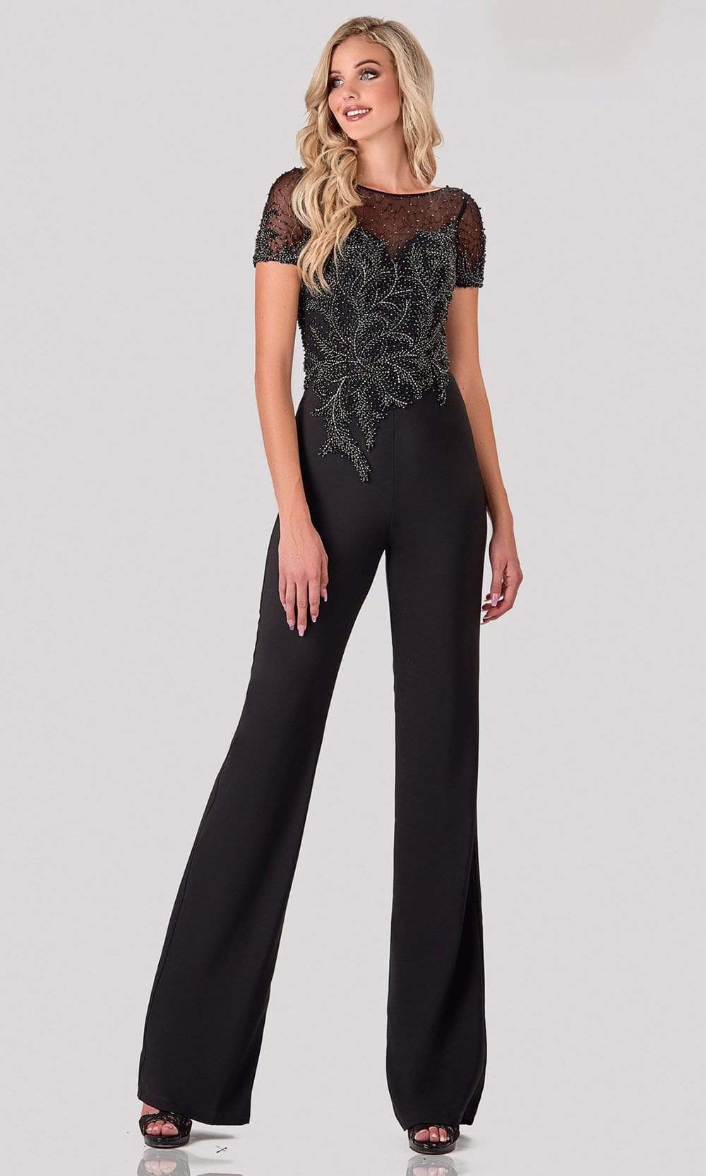 Terani Couture - 2027E2940 Beaded Bodice Short Sleeve Jumpsuit Evening Dresses 00 / Black