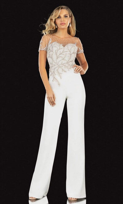 Terani Couture - 2027E2940 Beaded Bodice Short Sleeve Jumpsuit Evening Dresses 00 / Ivory