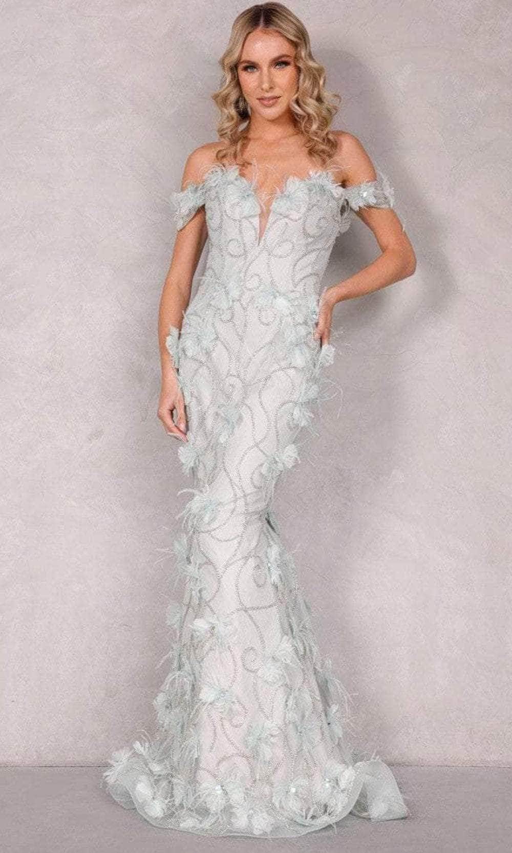 Terani Couture 2027GL3231 - Feather Floral Applique Evening Dress Pageant Dresses 0 / Pastel Aqua