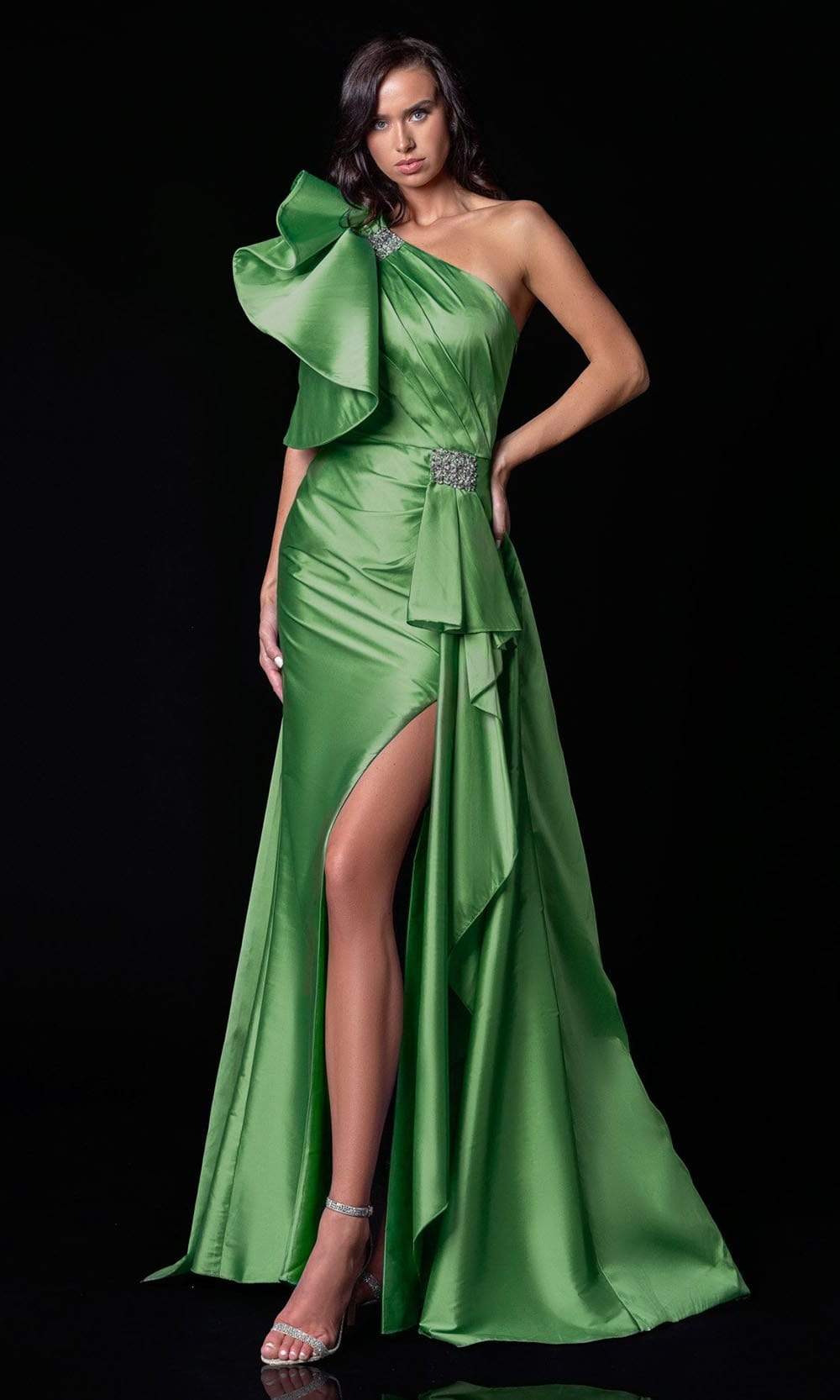 Terani Couture - 2111E4728 Bow Accent One-Shoulder Gown with Overskirt Evening Dresses 00 / Avocado