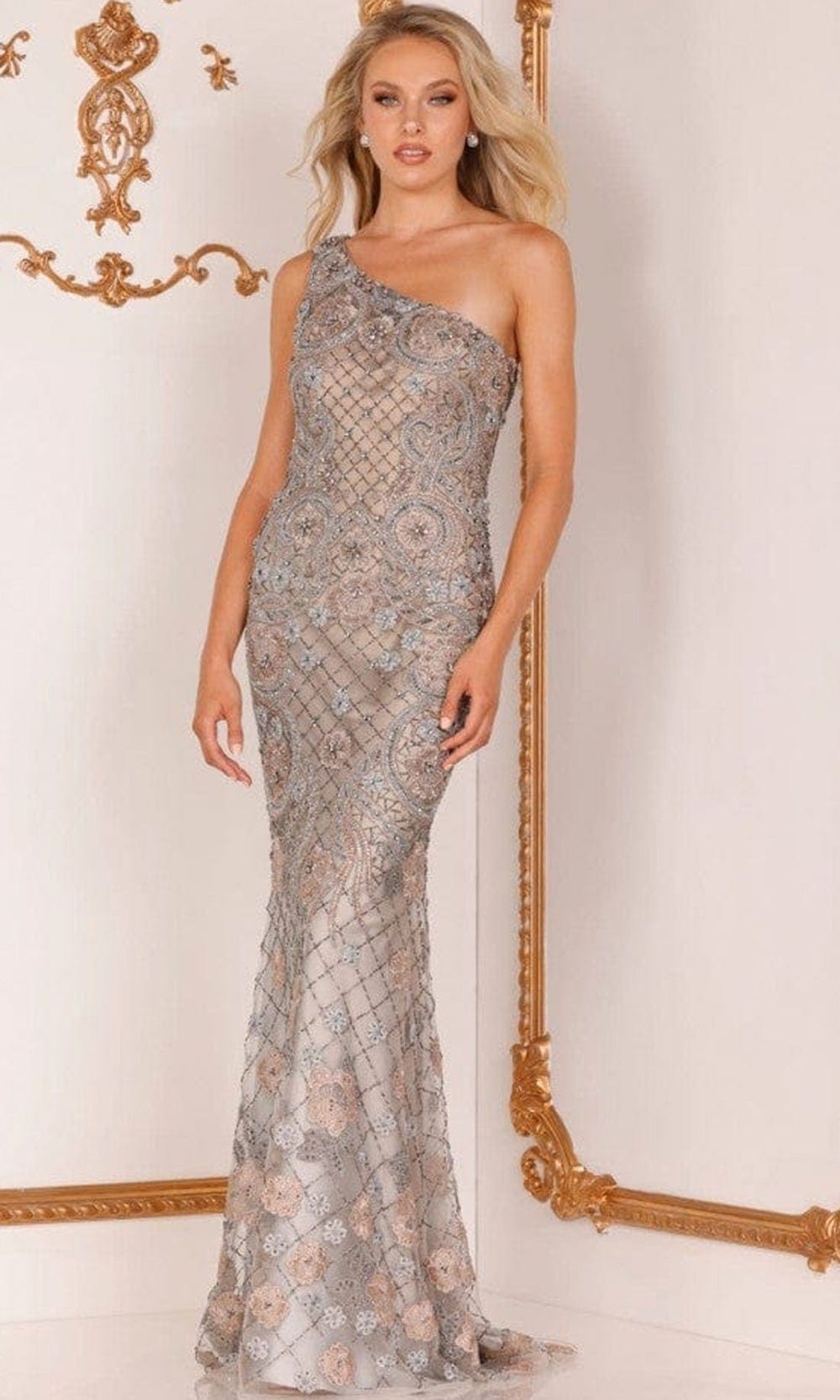 Terani Couture 2111E4733 - Asymmetric Evening Gown Evening Dresses 00 / Pewter Bronze