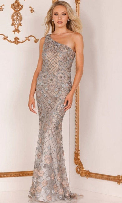 Terani Couture 2111E4733 - Asymmetric Evening Gown Evening Dresses 00 / Pewter Bronze