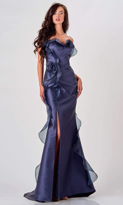 Terani Couture - 2111E4743 Strapless Floral Frill Slit Mermaid Gown Evening Dresses 00 / Navy