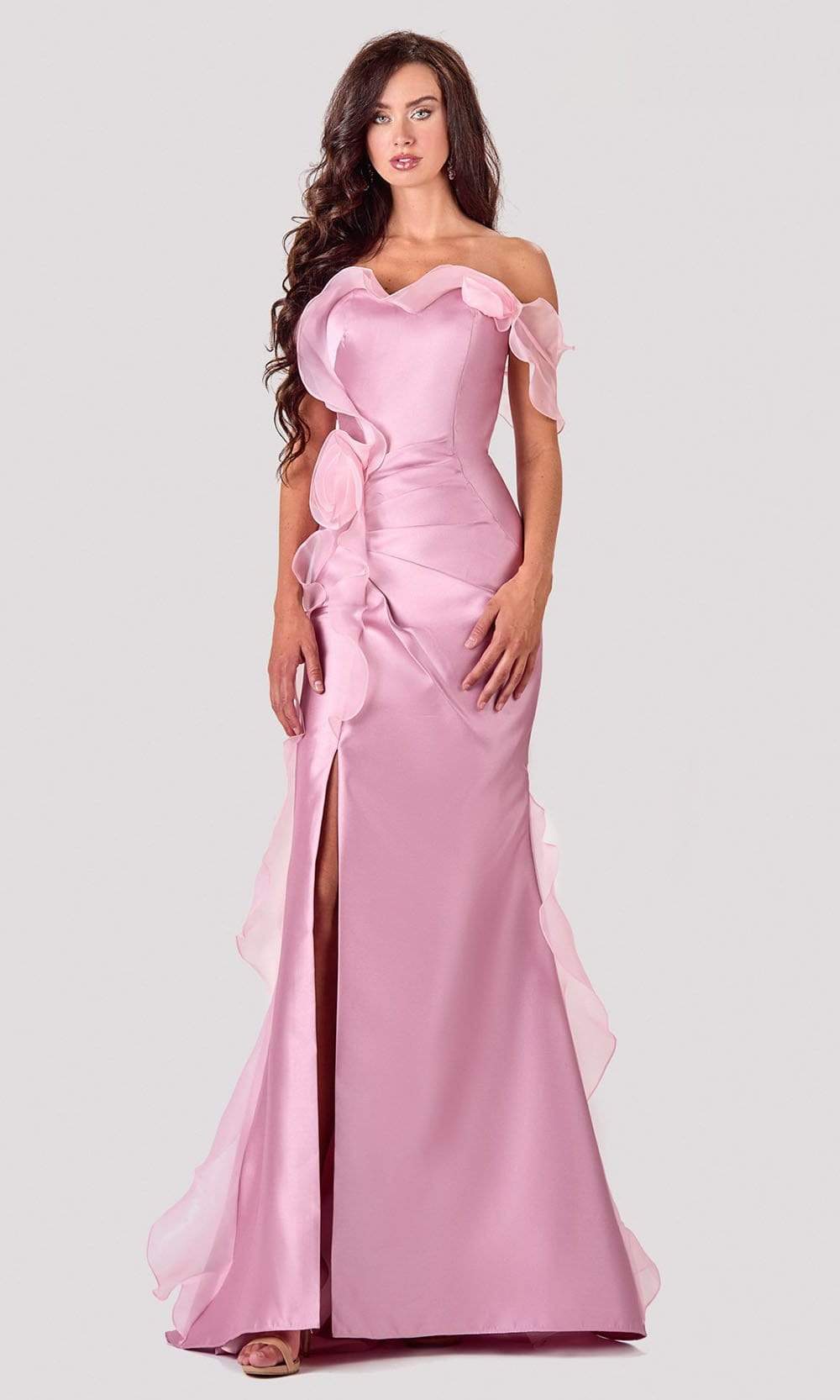 Terani Couture - 2111E4743 Strapless Floral Frill Slit Mermaid Gown Evening Dresses 00 / Peony