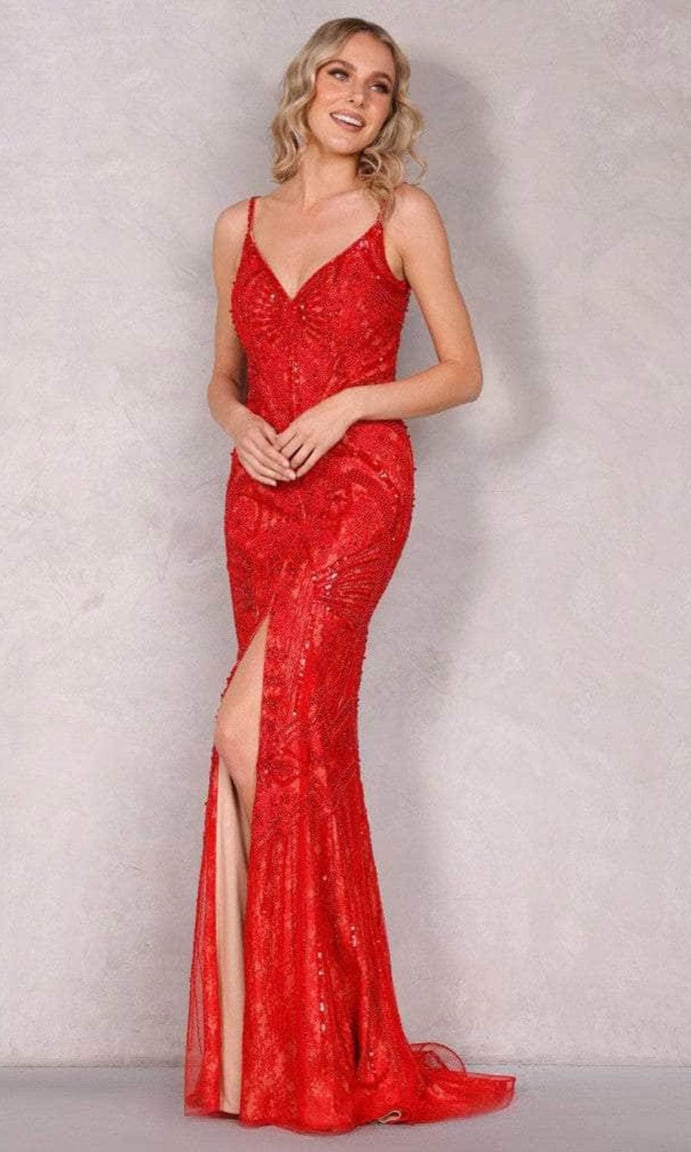 Terani Couture 2111GL5056 - Beaded Deep V-Neck Evening Gown Special Occasion Dress 0 / Red-Nude