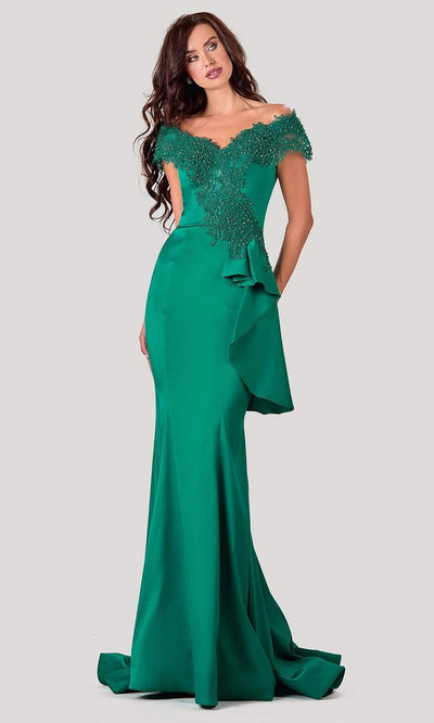 Terani Couture - 2111M5255 Embroidered Off Shoulder Trumpet Dress Evening Dresses 00 / Emerald