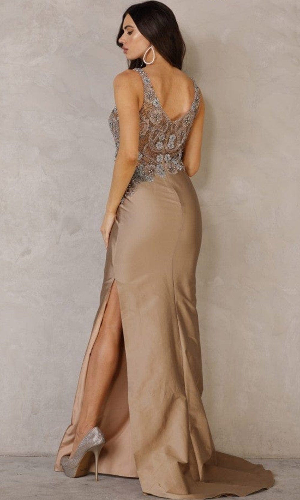 Terani Couture - 2111M5270 Floral V-Neck Long Gown With Slit Special Occasion Dress