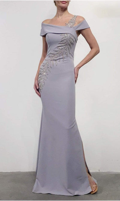 Terani Couture - 2111M5289 Beaded Asymmetric Trumpet Dress Mother of the Bride Dresses 00 / Silver