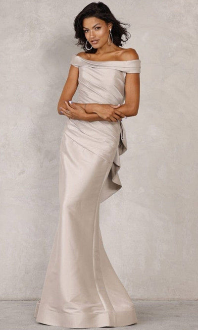 Terani Couture - 2111M5299 Off Shoulder Ruched Long Gown Special Occasion Dress 00 / Taupe