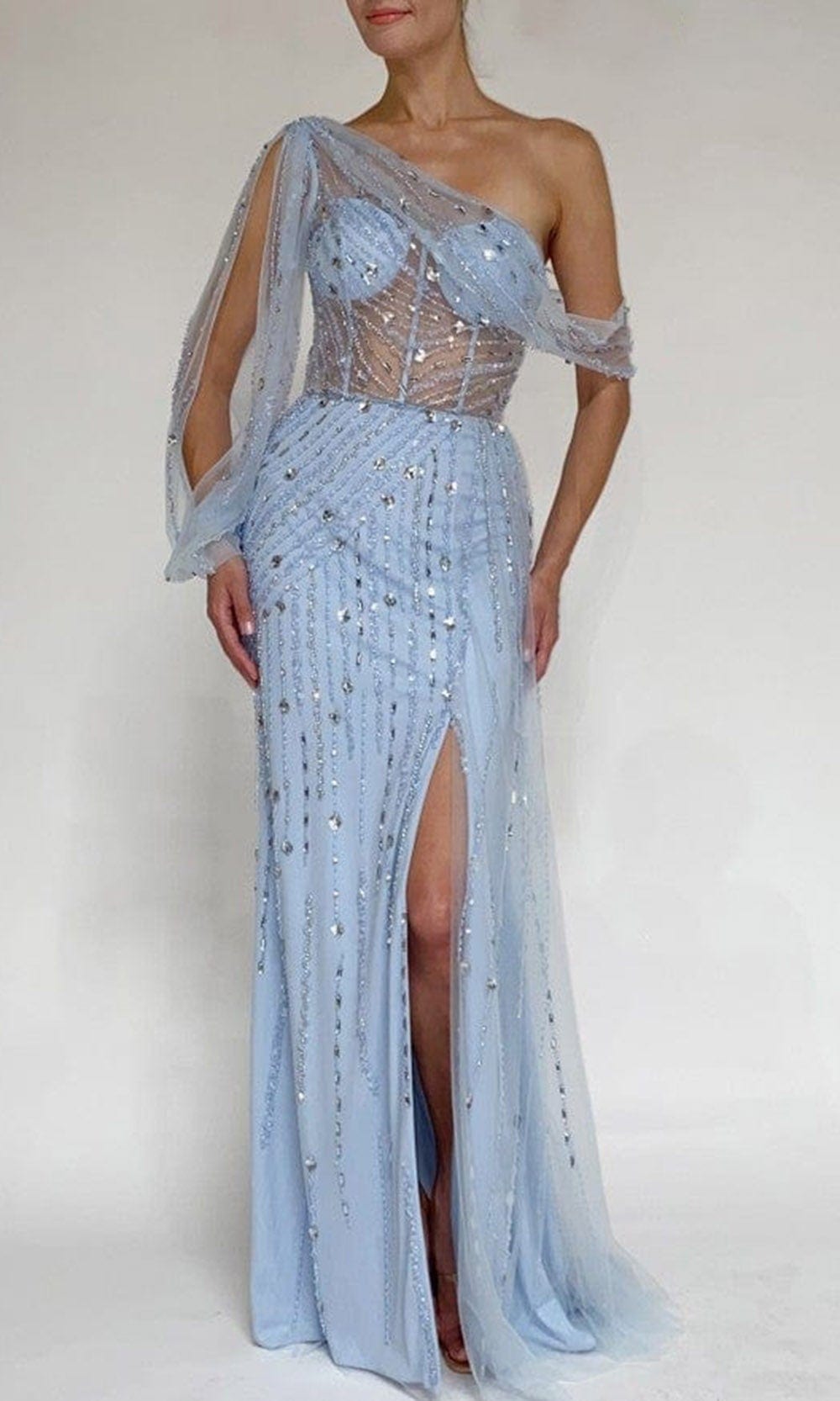 Terani Couture - 2111P4007 Split Long Sleeve Sheath Gown Special Occasion Dress 00 / Ice Blue