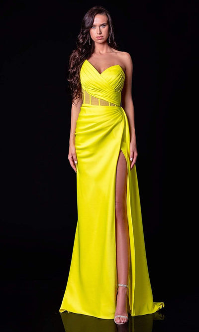 Terani Couture - 2111P4020 Pleated V Neck Sheath Dress With Slit Special Occasion Dress