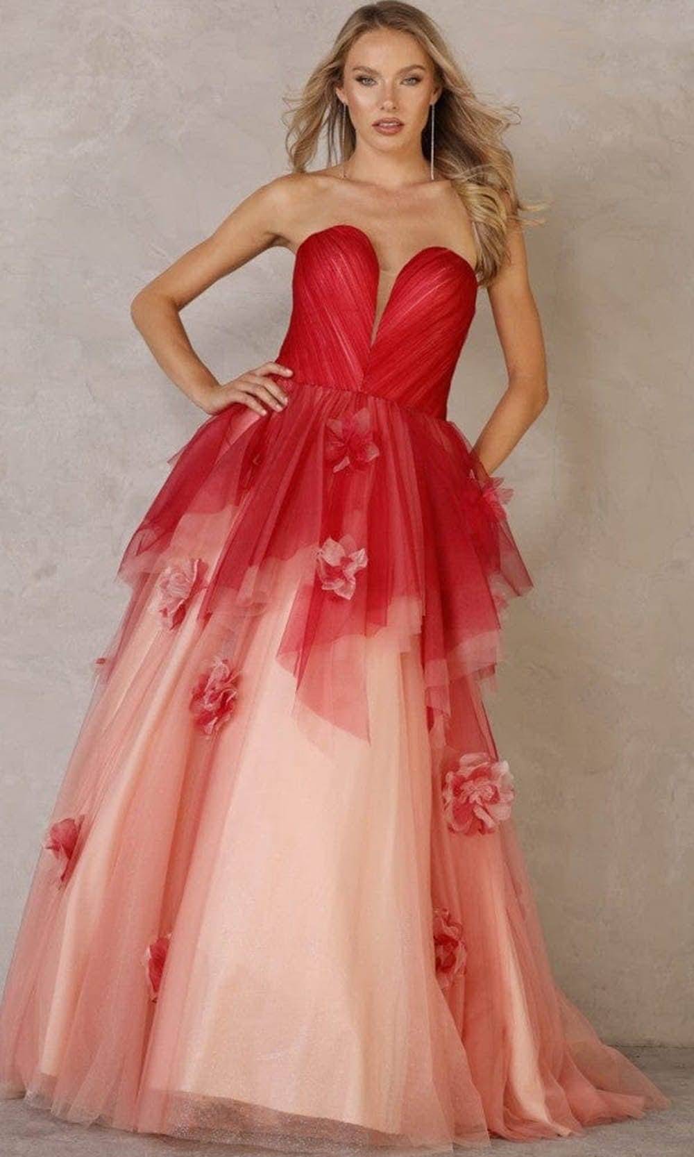 Terani Couture - 2111P4103 Floral Ornate Tulle Gown Special Occasion Dress 00 / Cherry Blush