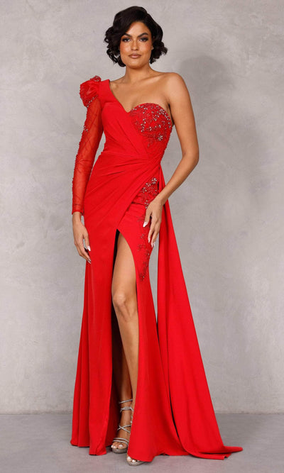 Terani Couture 2214E0164 - Puff Long Sleeve Ornate Evening Dress in Red