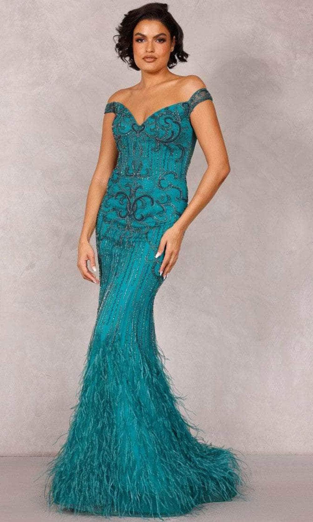 Terani Couture 2214GL0113 - Feather-Ornate Beaded Evening Dress Evening Dresses 0 / Emerald