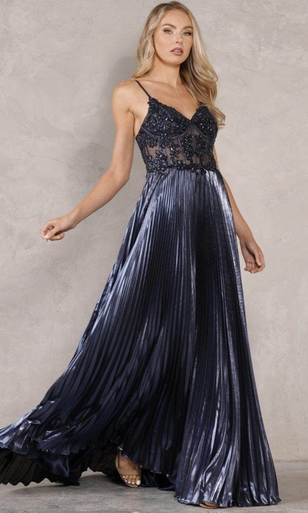 Terani Couture - 2215P0016 Ornate Bodice Pleated Gown Prom Dresses 00 / Navy