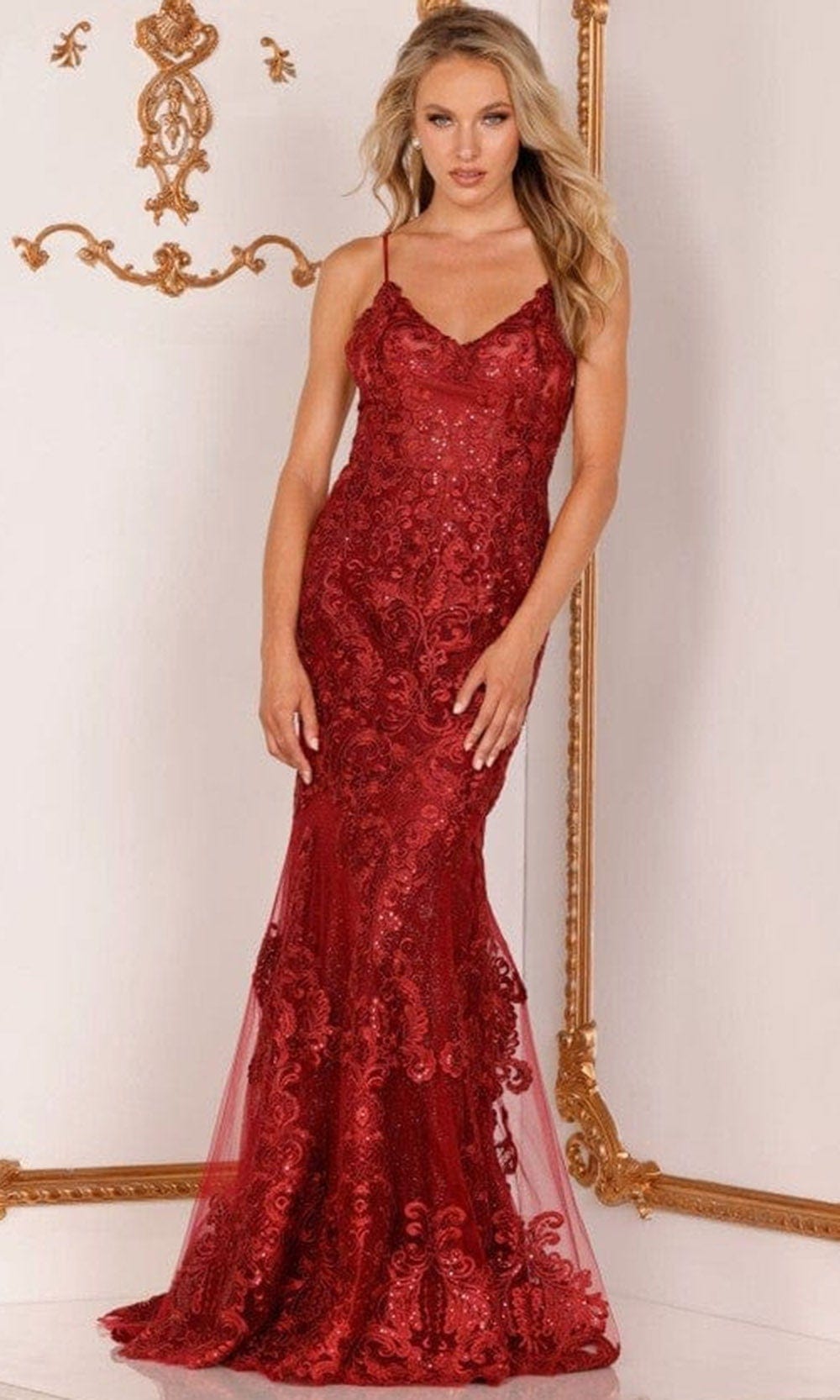 Terani Couture - 2215P0029 V-Neck Embroidered Trumpet Gown Special Occasion Dress 00 / Red