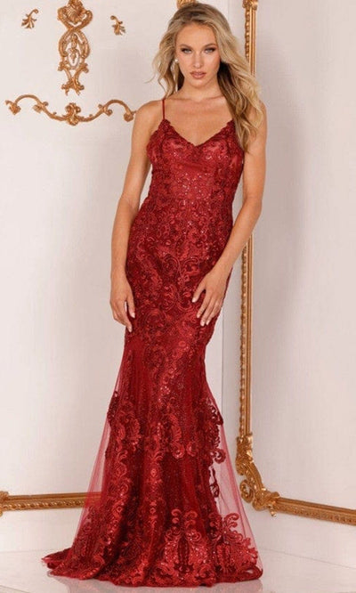 Terani Couture - 2215P0029 V-Neck Embroidered Trumpet Gown Special Occasion Dress 00 / Red