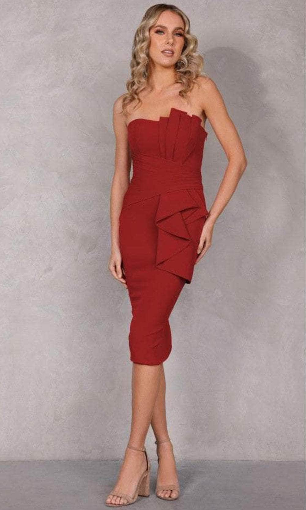 Terani Couture 2221C0334 - Strapless Pleated Peplum Cocktail Dress Cocktail Dresses 0 / Wine