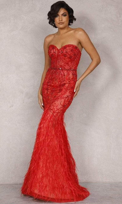 Terani Couture 2221GL0414 - Strapless Feather Trumpet Evening Dress Evening Dress 0 / Red