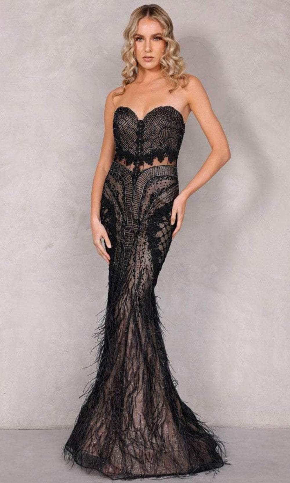 Terani Couture 2221GL0417 - Scallop Motif Feather Evening Dress Evening Dress 0 / Black Nude