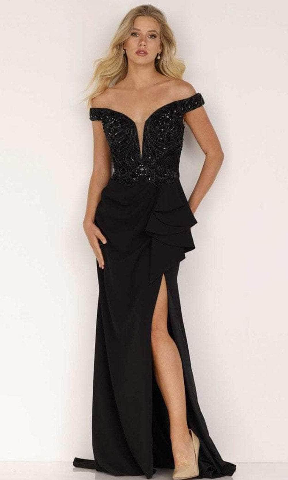 Terani Couture 2221M0381 - Off Shoulder Draped Evening Dress Evening Dressses 0 / Black