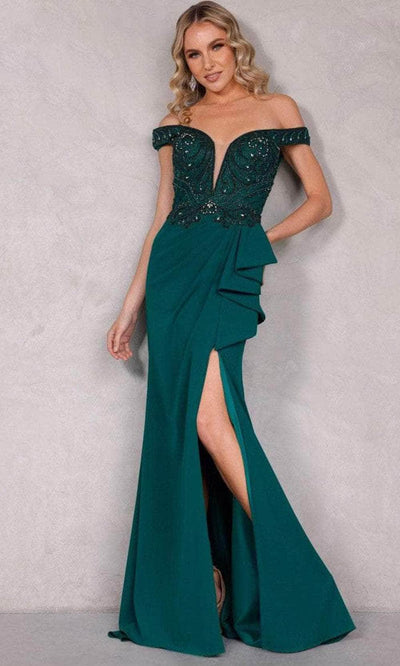 Terani Couture 2221M0381 - Off Shoulder Draped Evening Dress Evening Dressses 0 / Emerald