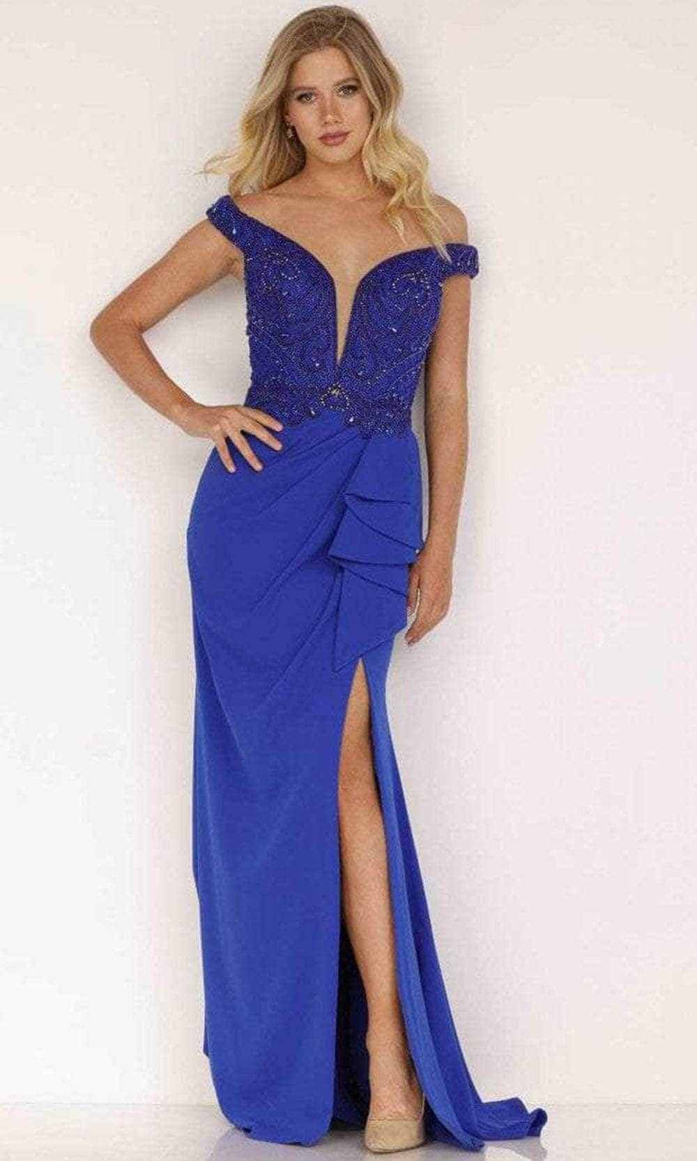 Terani Couture 2221M0381 - Off Shoulder Draped Evening Dress Evening Dressses 0 / Royal