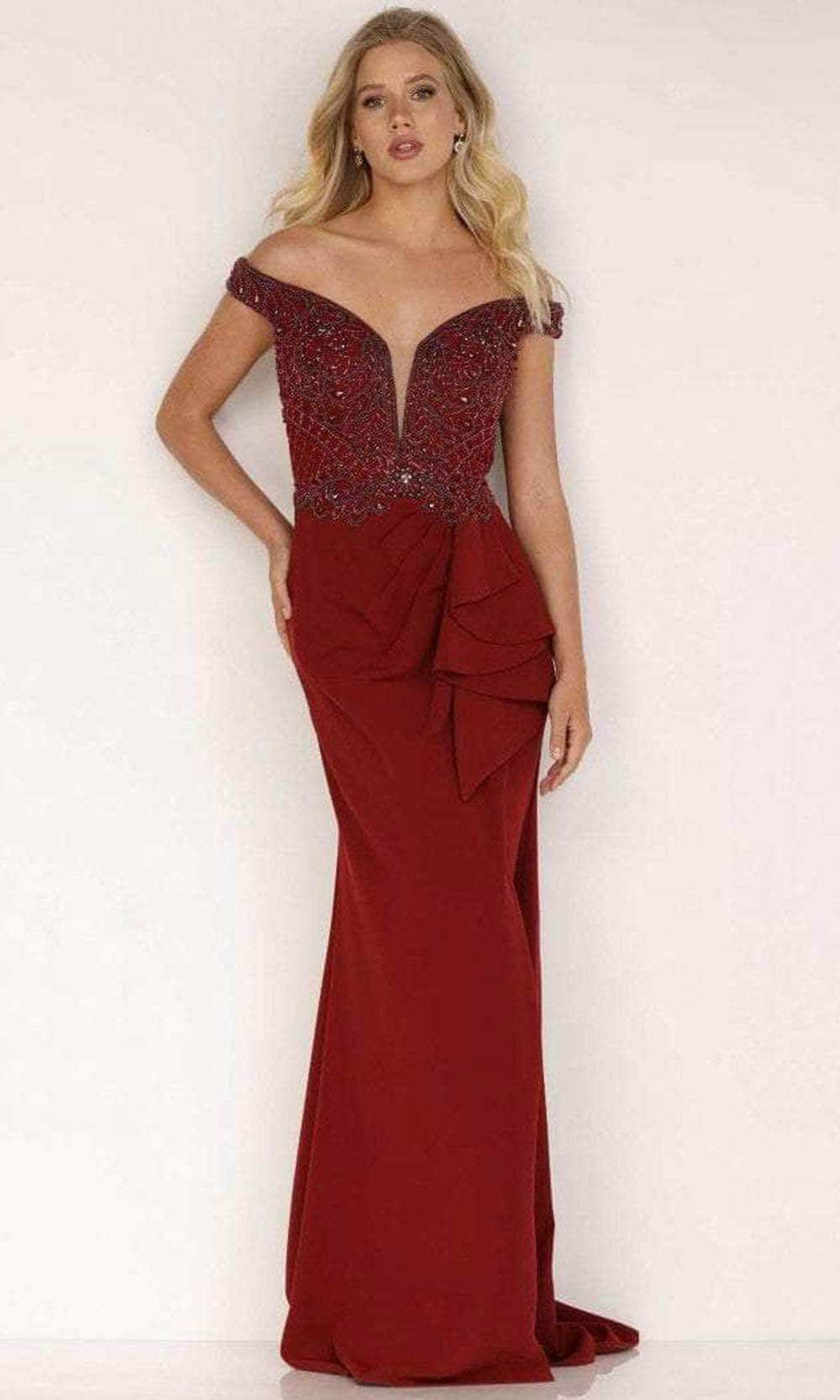 Terani Couture 2221M0381 - Off Shoulder Draped Evening Dress Evening Dressses 0 / Wine
