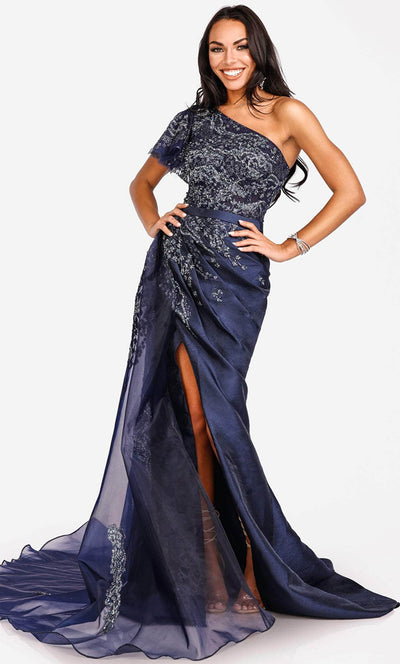 Terani Couture 231E0517 - Ruffled One-Sleeve Asymmetrical Prom Gown Special Occasion Dress 00 / Navy