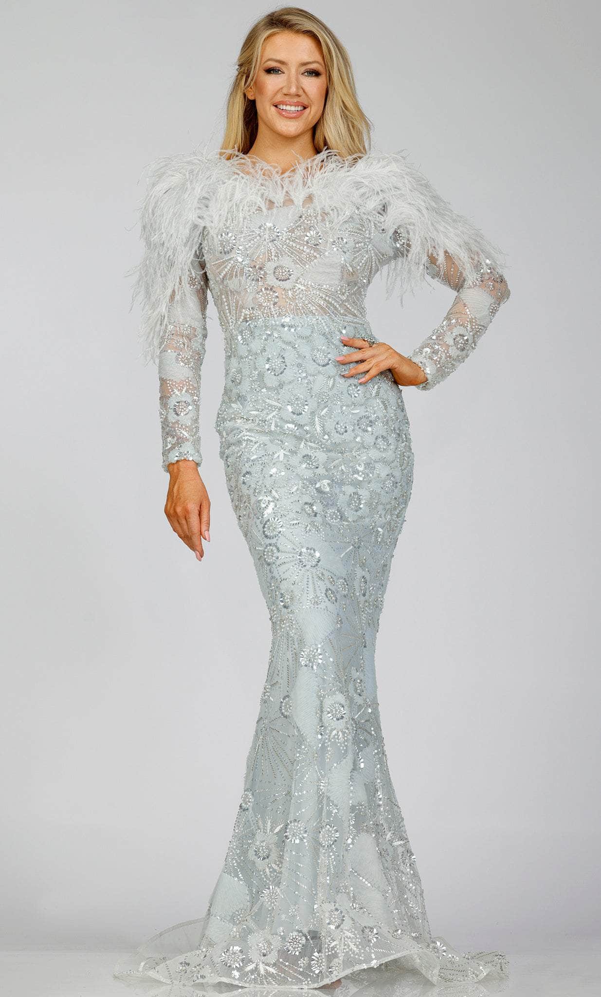 Terani Couture 231M0491 - Fur Ornate Mermaid Evening Gown Special Occasion Dress 00 / Silver