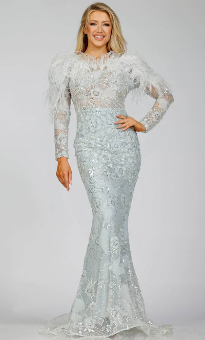 Terani Couture 231M0491 - Fur Ornate Mermaid Evening Gown Special Occasion Dress 00 / Silver