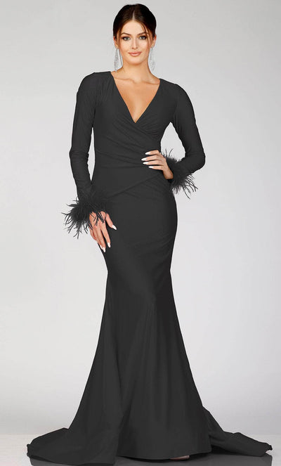 Terani Couture 231P0074 - Long Sleeve Feathered Detailed Evening Gown Special Occasion Dress 00 / Black