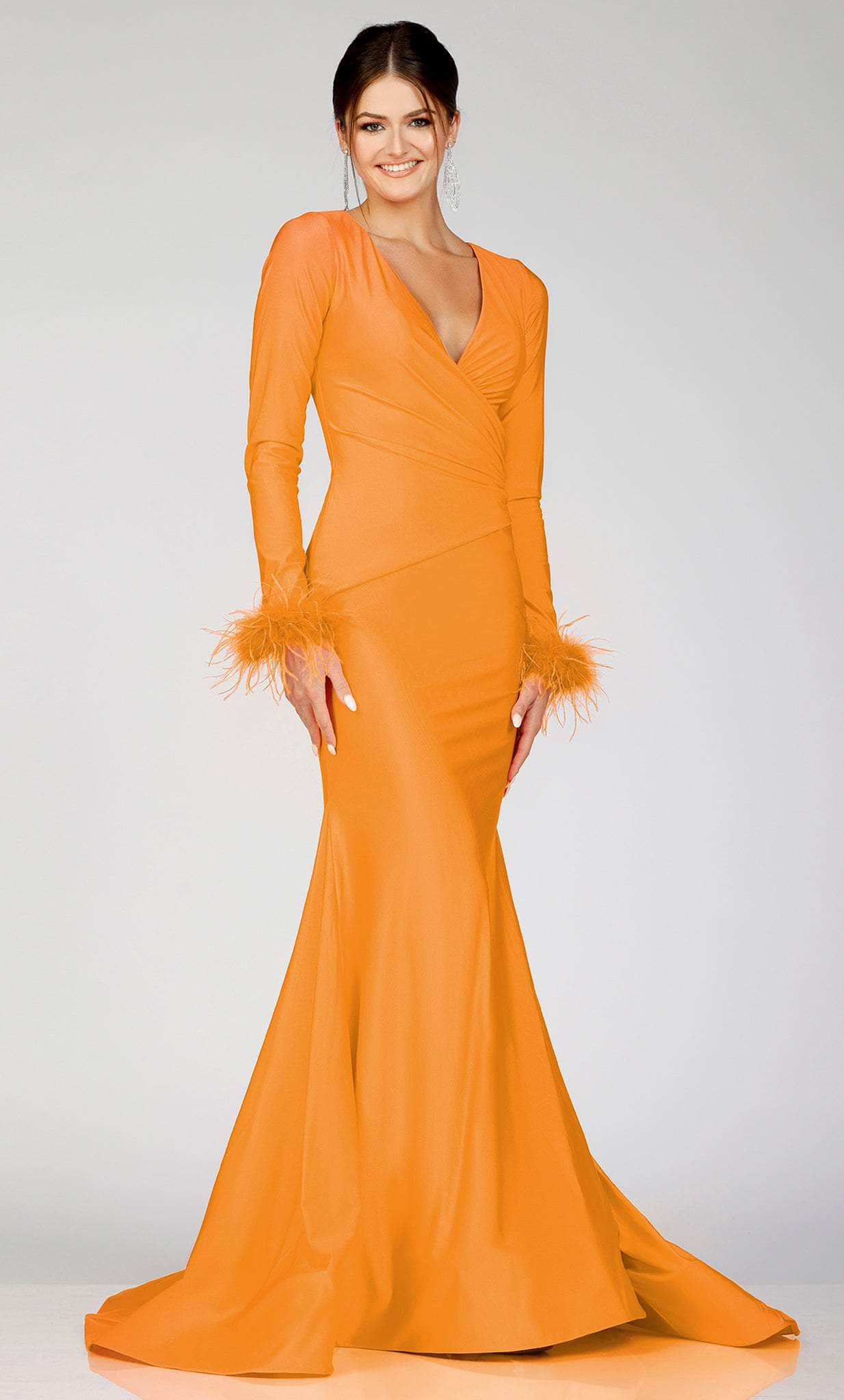 Terani Couture 231P0074 - Long Sleeve Feathered Detailed Evening Gown Special Occasion Dress 00 / Orange
